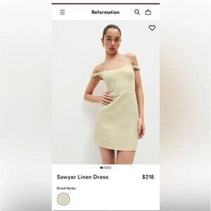 Reformation Dress Sawyer Linen Off-Shoulder Mini Green Dried Herbs